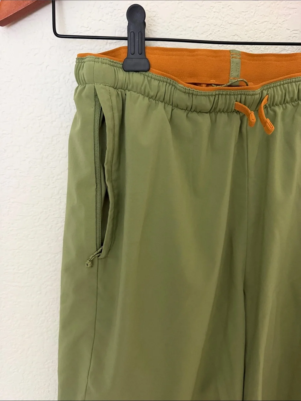 Patagonia Olive Green Athletic Shorts with Orange Accent